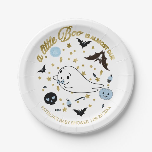 Assiettes En Carton Ghost Little Boo Halloween Baby shower garçon (Devant)