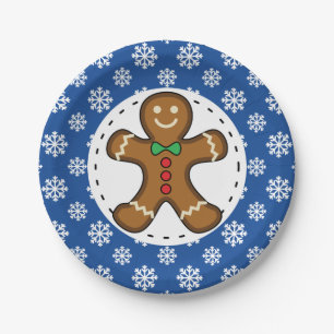 Assiettes En Carton Gingerbread Man on Blue White Snowflakes