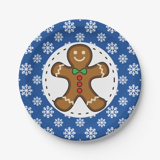 Assiettes En Carton Gingerbread Man on Blue White Snowflakes (Devant)