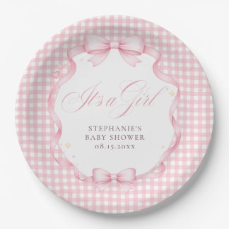 Assiettes En Carton Gingham Rose Coquette Nœud C'est une Fille Baby Sh