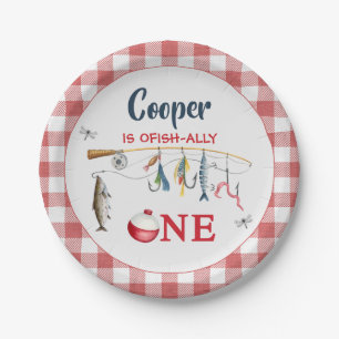 Assiettes En Carton Gingham Rouge Moderne Pêche 1er Anniversaire