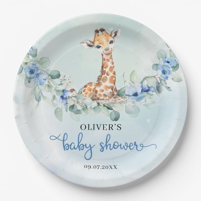 Assiettes En Carton girafe bleu populaire fleurs d'aquarelle safari (Devant)
