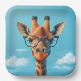 Assiettes En Carton Girafe dans les nuages portant des lunettes