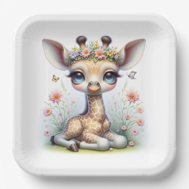 Assiettes En Carton Girafe Fille Bébé Avec Fleurs Roses (Recto)