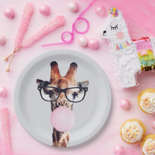 Assiettes En Carton Girafe Portant des lunettes soufflant rose bulle g