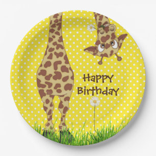 Assiettes En Carton Giraffe D'Anniversaire Sur Pois Avec Marguerite