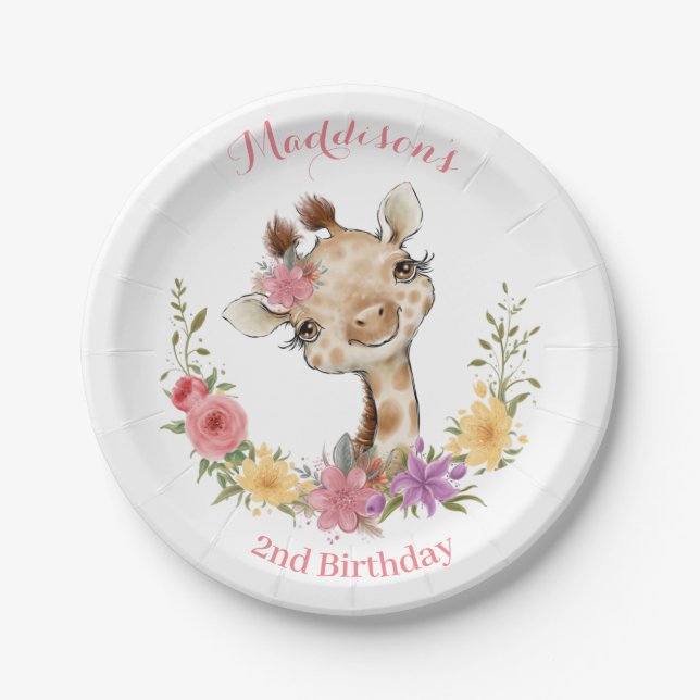 Assiettes En Carton Giraffe de la petite fille rose (Devant)