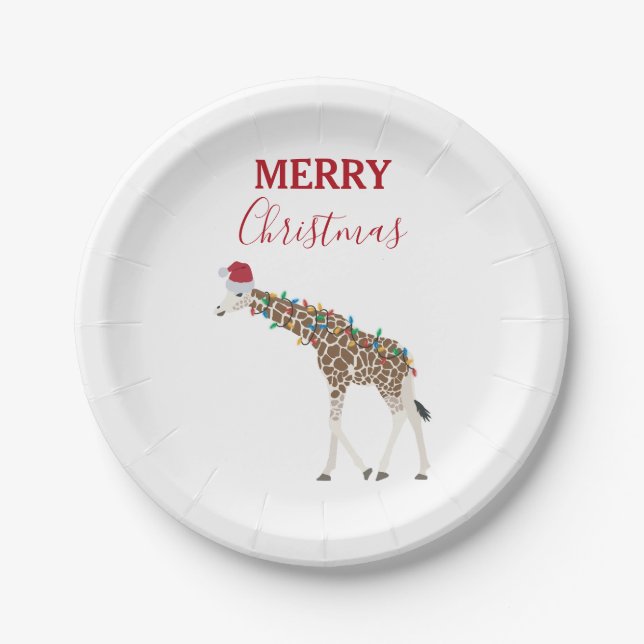 Assiettes En Carton Giraffe de Noël animal drôle avec carte de chapeau (Devant)