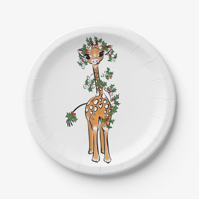 Assiettes En Carton Giraffe de Noël festive, guirlande verte rouge (Devant)