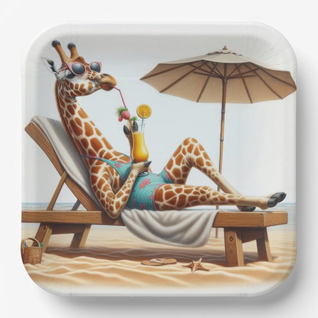 Assiettes En Carton Giraffe De Plage Boire Un Cocktail (Recto)