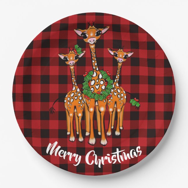 Assiettes En Carton Giraffe de vacances, couronne, Tartan rouge plaid (Devant)