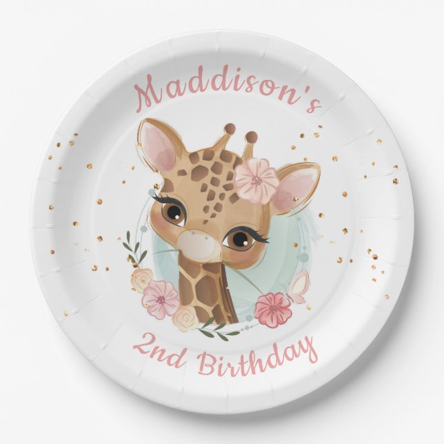Assiettes En Carton Giraffe fille rose Baby shower d'anniversaire Plaq (Devant)