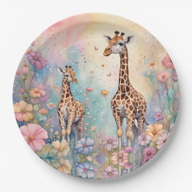 Assiettes En Carton Giraffe Garden Pastel (Devant)