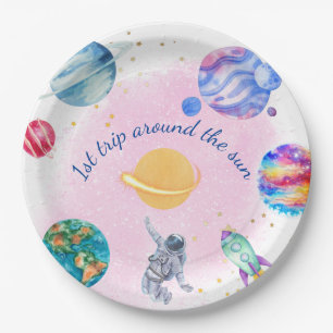 Assiettes En Carton Girl Astronaut Gold Rose Rocket Ship Planet