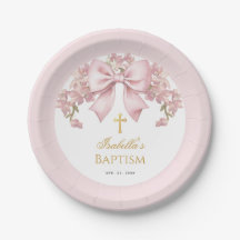 Girl Baptism Pink Bow Floral & Gold Cross