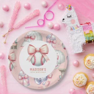Assiettes En Carton Girl Birthday Personalized Pink Baseball Bow