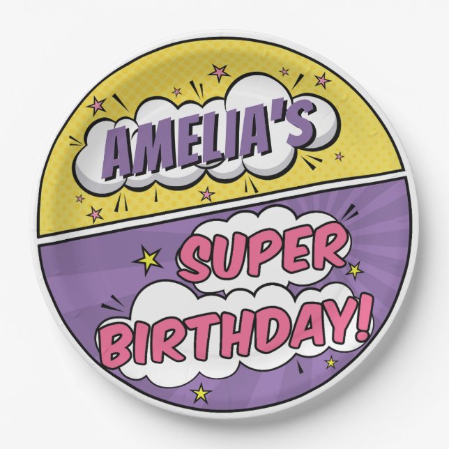 Assiettes En Carton Girl Comic Style de livre Superhero Joyeux anniver (Devant)
