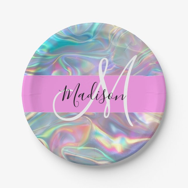 Assiettes En Carton Girl Rainbow Holographic Iridescente Monogramme No (Devant)