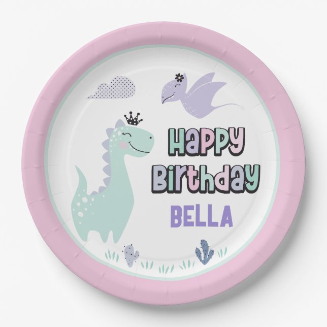 Assiettes En Carton Girly Dinosaur A-Roar able Joyeux Anniversaire (Devant)
