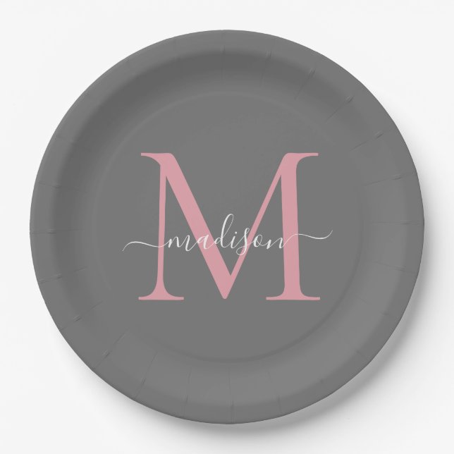 Assiettes En Carton Girly Grey Blush Pink Monogramme tendance Nom du s (Devant)