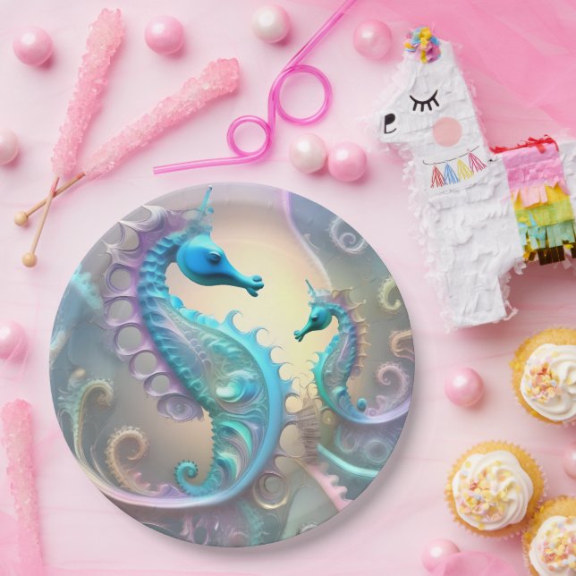 Assiettes En Carton Girly Seahorses Pastel Fractal Art, (Fête)