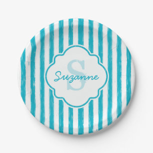 Assiettes En Carton Girly Turquoise Peint Stripes Monogramme et nom