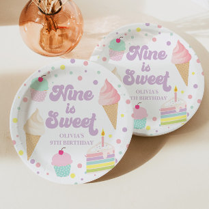 Assiettes En Carton Glace et gâteau Nine est doux  9e anniversaire