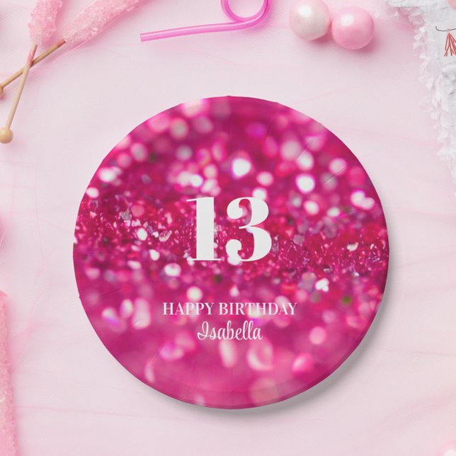 Assiettes En Carton Glam à Parties scintillant rose chaud personnalisé (Hot Pink Glitter 13th Birthday Party Paper Plates, Party Table Decorations)
