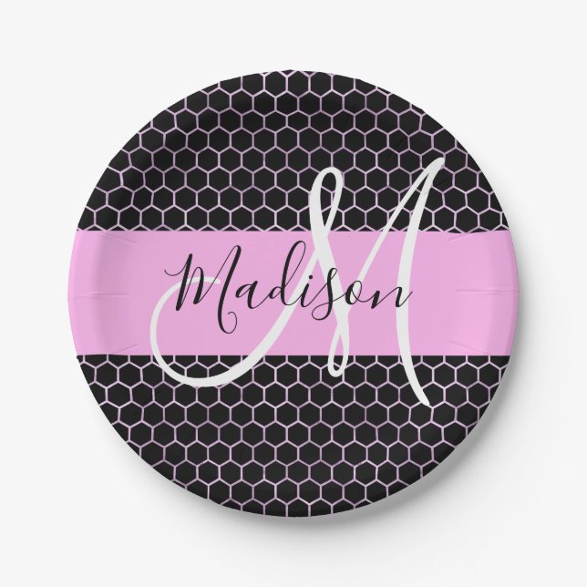 Assiettes En Carton Glam Black Metallic Rose Honeycomb Nom du monogram (Devant)