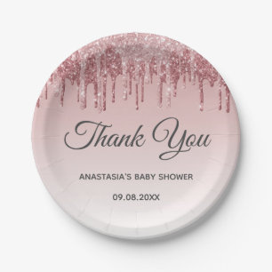 Assiettes En Carton Glam Blush Rose Gold Pailletés Merci Baby Shower