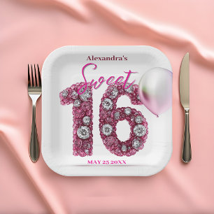 Assiettes En Carton Glam Chic rose et blanc Gemstone Sweet 16