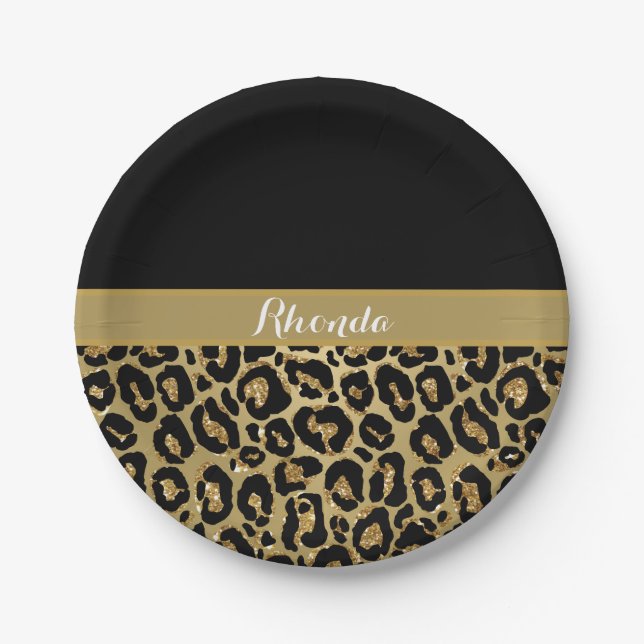 Assiettes En Carton Glam Empreinte de léopard Parties scintillant élég (Devant)