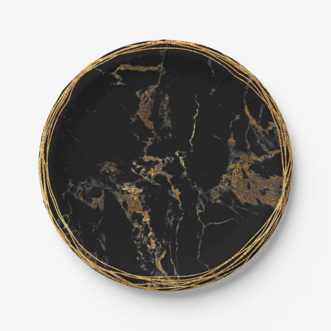 Assiettes En Carton Glam en marbre noir Golden Anniversaire (Devant)