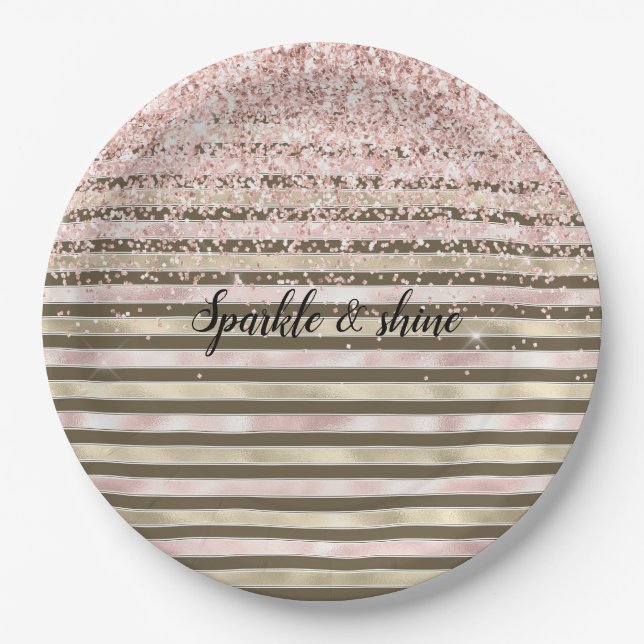 Assiettes En Carton Glam Gold Blush rose Brown rayures Parties scintil (Devant)