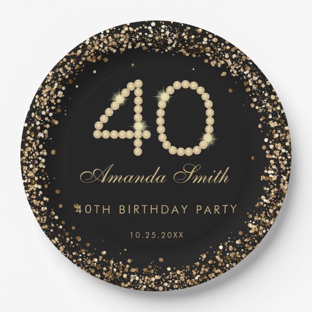 Assiettes En Carton Glam Gold Diamonds 40th Birthday Party Paper Plate (Devant)