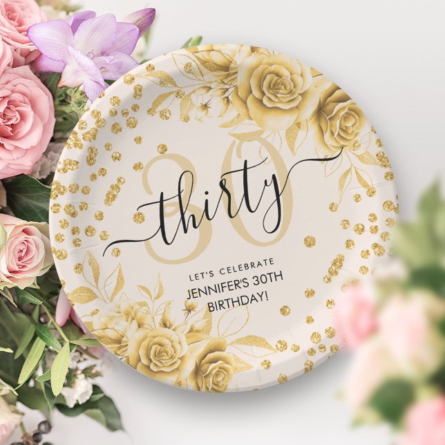 Assiettes En Carton Glam Gold Floral Parties scintillant 30e Anniversa (Glam Gold Floral Glitter 30th Birthday Script Paper Plates)