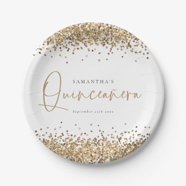 Assiettes En Carton Glam Gold Nom de la Parties scintillant Date Quinc (Devant)