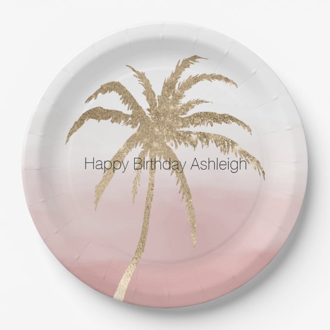 Assiettes En Carton Glam Gold Tropical Palm Pink ombre (Devant)