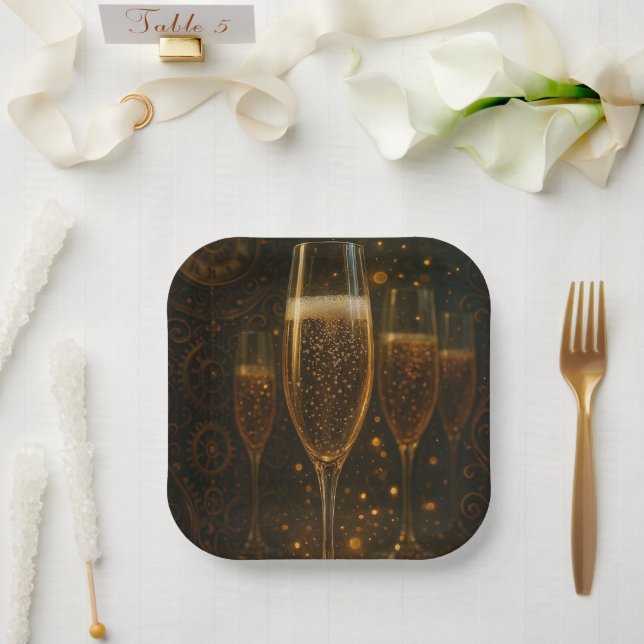 Assiettes En Carton Glam Happy New Year Steampunk Champagne  (Mariage)