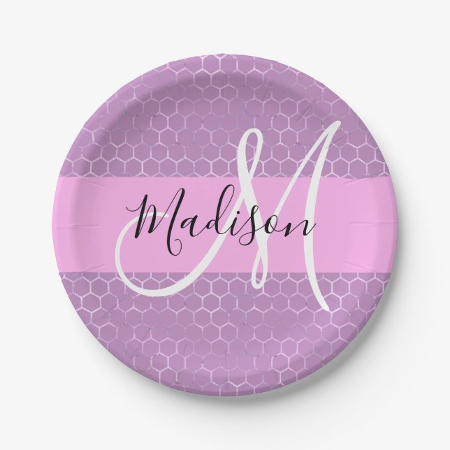Assiettes En Carton Glam Lilac Metallic rose Honeycomb Nom (Devant)