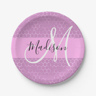 Assiettes En Carton Glam Lilas Métallisé Rose Nid d'abeille Monogramme