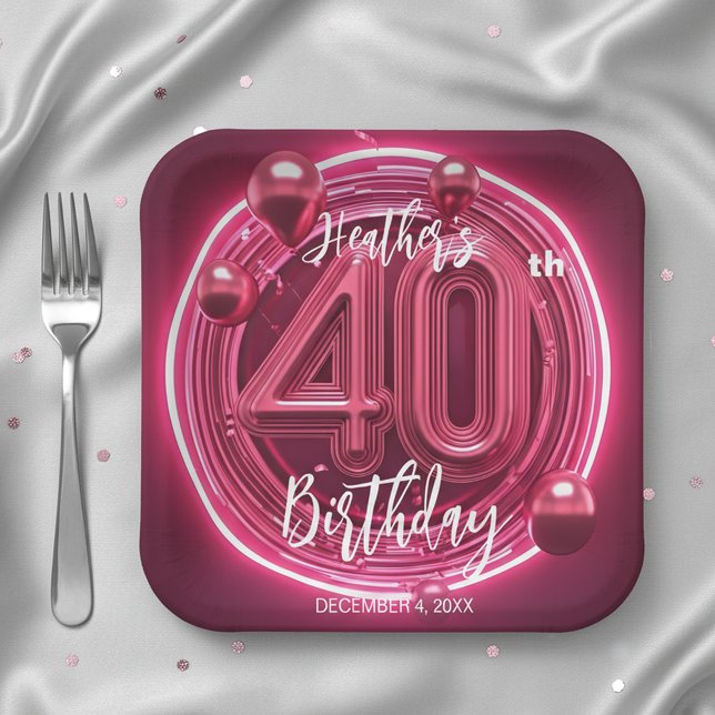 Assiettes En Carton Glam Magenta Neon rose 40e anniversaire Célébratio (Créateur téléchargé)