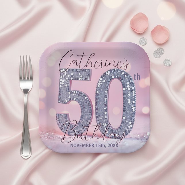 Assiettes En Carton Glam Pink and Silver Sequin 50th Birthday Party  (Créateur téléchargé)