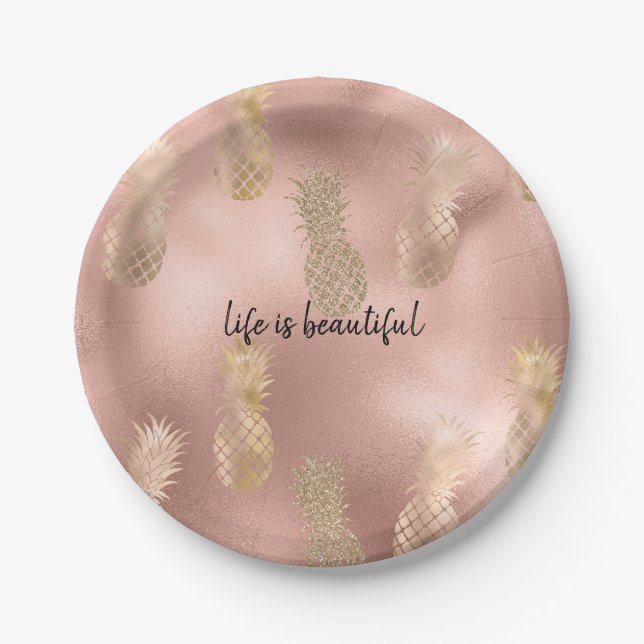 Assiettes En Carton Glam Pink Gold Ananas (Devant)