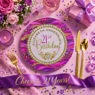 Assiettes En Carton Glam Rose Gold Strates Bijoutées Anniversaire 21 A