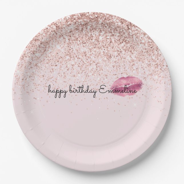 Assiettes En Carton Glam Rose Kiss Lips Blush Parties scintillant      (Devant)