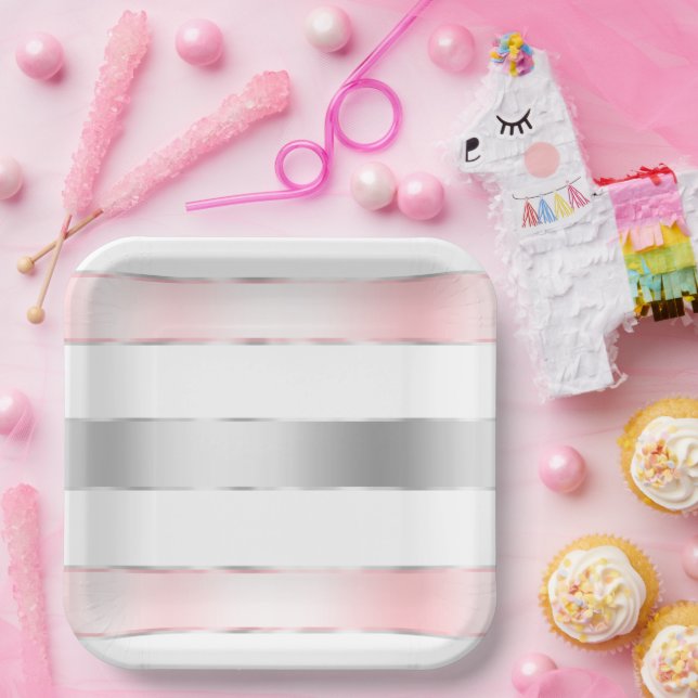 Assiettes En Carton Glam Silver Blush Pink Ribbon Anniversaire (Fête)