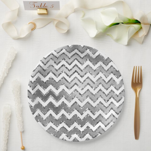 Assiettes En Carton Glam Silver White Zigzag Stripes (Mariage)
