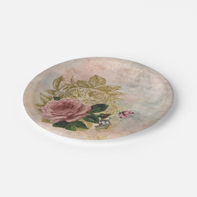 Assiettes En Carton Glam Steampunk | Rose rose et or Rustique Floral (Angle)
