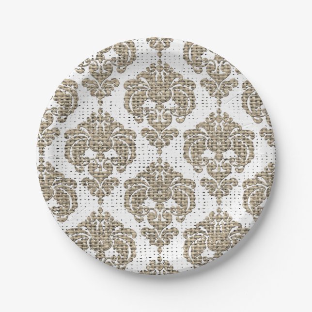 Assiettes En Carton Glamor Rustique Burlap Royal Damask Chic Moderne (Devant)